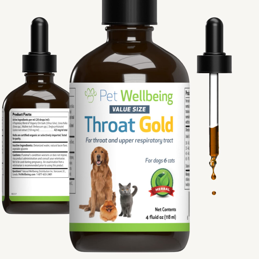 Pet Wellbeing Throat Gold for Dogs & Cats - Vet-Formulated - Soothes Throat Discomfort  Hoarseness  Leash Strain  Occasional Cough - Natural Herbal Su