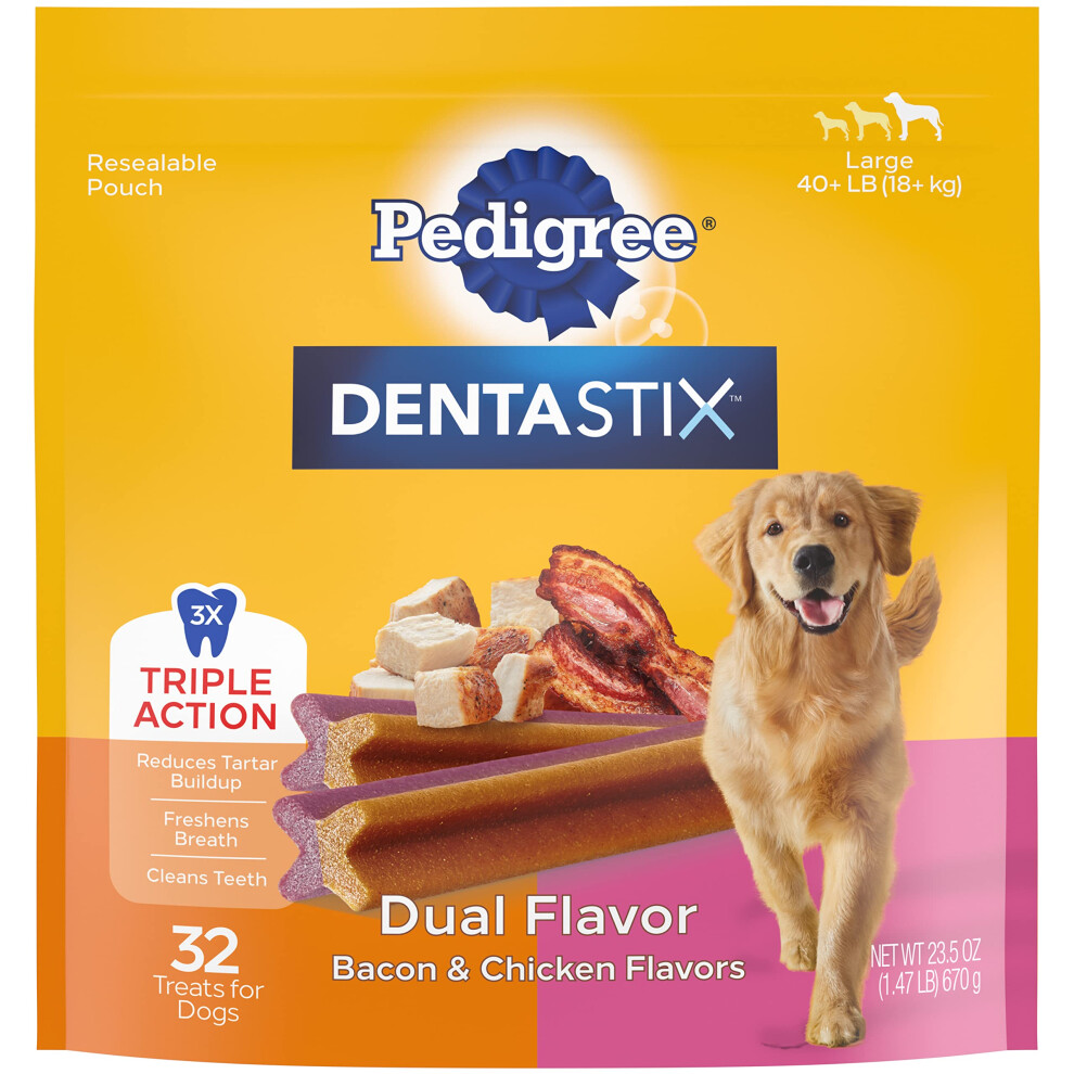 PEDIGREE DENTASTIX Dual Flavor Large Dog Dental Treats  Bacon & Chicken Flavors Dental Bones  1.47 lb. Pack (32 Treats)