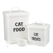 Pethiy Cat Food and Treats Containers Set with Scoop for Cats-Vintage Cream Powder-Coated Carbon Steel-Tight Fitting Lids-Storage Canister Tins-catfoo