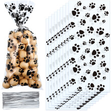 100 Pieces Paw Print Cone Cellophane Bags Heat Sealable Dog Gift Cat Candy Bags with 100 Pieces Silver Twist Ties for Pet Treat Party Favor (Black)