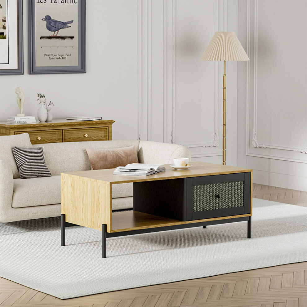 109CM Semi-Open Style Wooden Coffee Table with Drawer