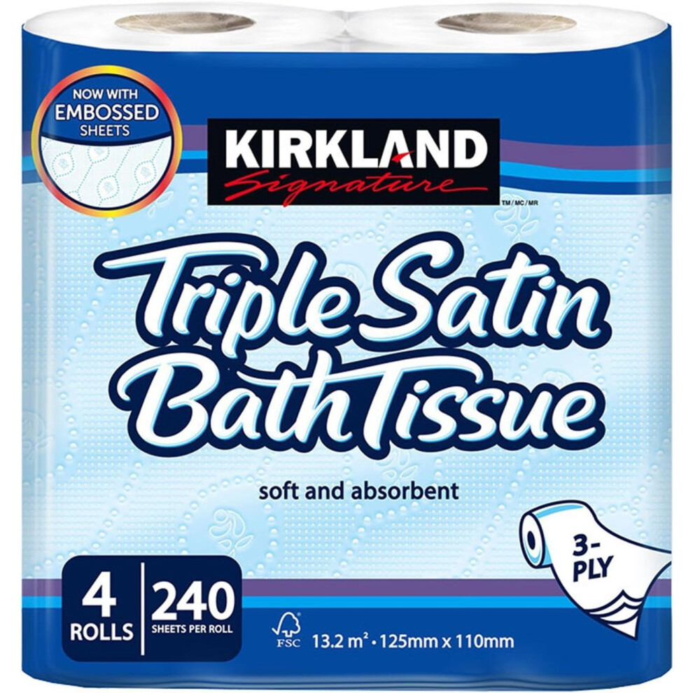 Kirkland Signature Soft and Absorbent Triple Satin Premium Bath Toilet Tissue Paper, 4 Rolls 10 Packs White Kirkland-Toilet Roll-10pk