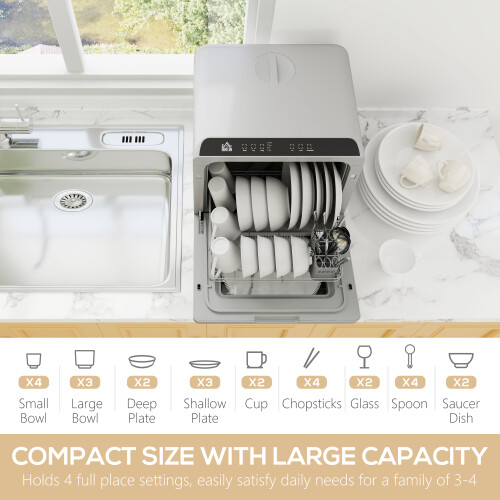 Homcom HOMCOM Worktop Dishwasher w/ 4 Place Settings 6 Programs, Silver Tone 1