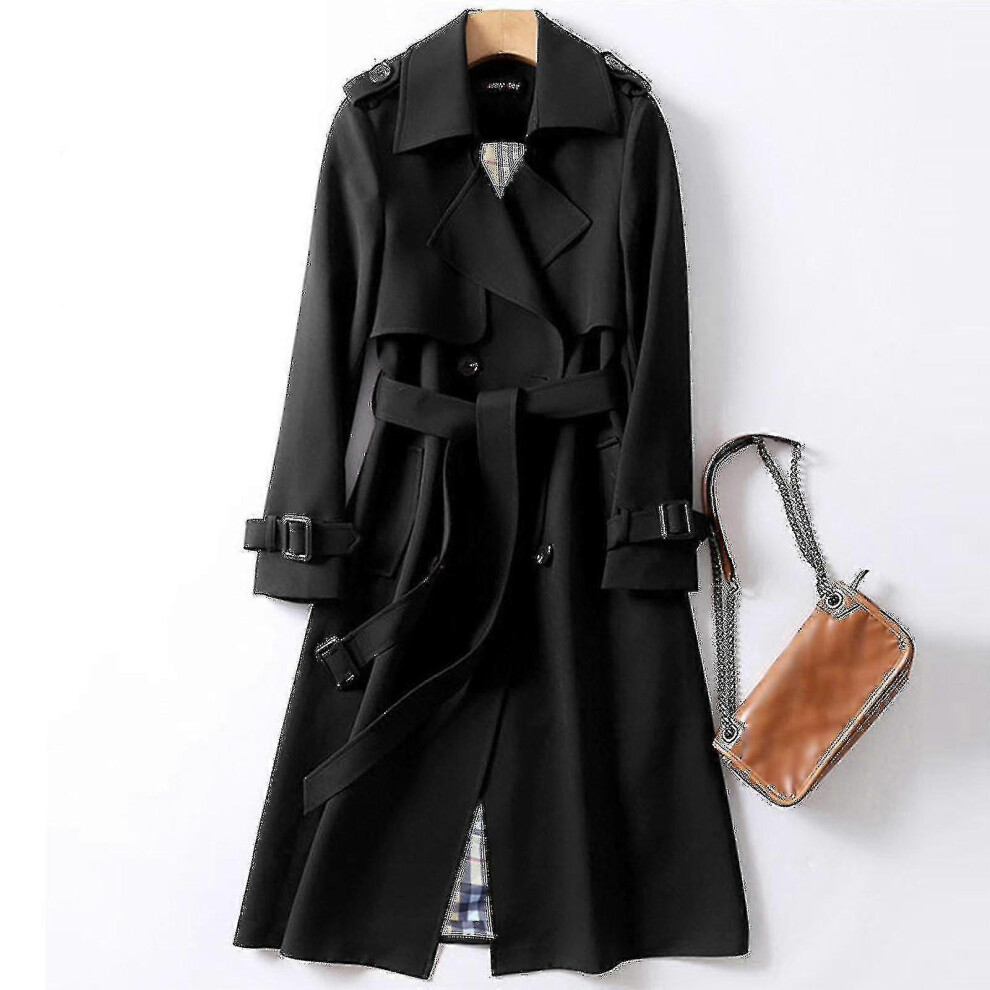 (Black, S) Women Overcoat Solid Slim Fit Coat Jacket Long Outerwear Windbreaker Trench