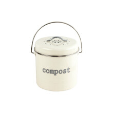 Metal Kitchen Food Waste Compost Caddy with Charcoal Filter and Lid - Odor- Free Food Recycling Countertop Bin -3L- Cream