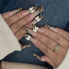 False nails Long Square leopard Tips French 3D Bows 24PK + FREE Nail tabs BN786