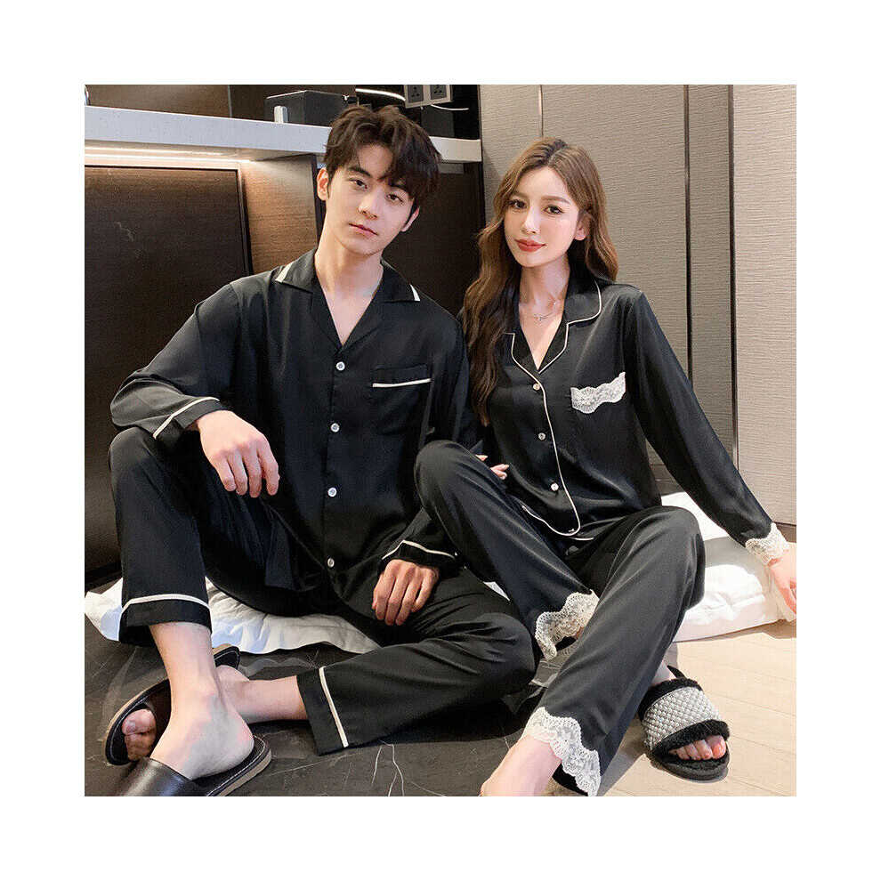 Ensemble de pyjama en soie glacée pour femme, haut et pantalon de nuit pour couple, vêtements de détente pour amoureux-Femmes Noires-XL
