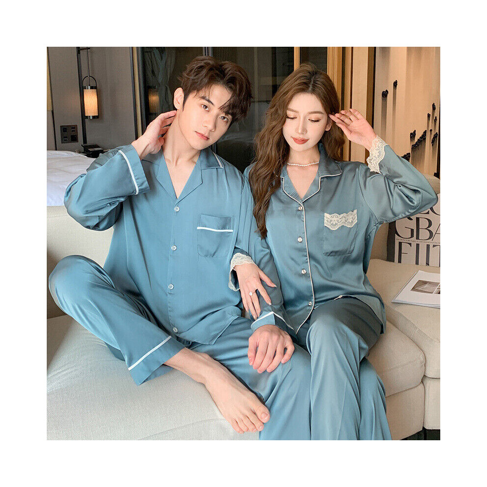 Ensemble de pyjama en soie glacée pour femme, haut et pantalon de nuit pour couple, vêtements de détente pour amoureux-Hommes Lac bleu-2XL