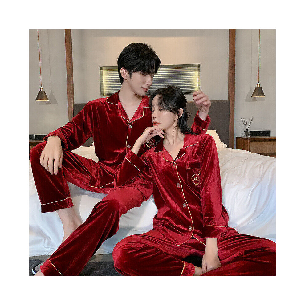 Pyjama d'hiver en velours pour couple amoureux pyjama en velours vêtements de nuit chauds manteau et pantalon-Femme bordeaux-L