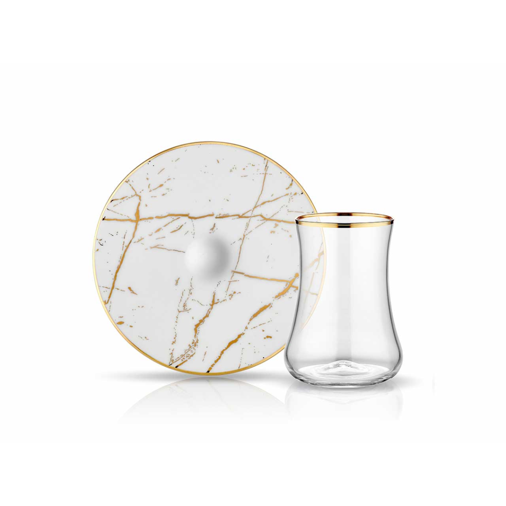 Dervish Marble Tea Glass and Saucer - White Gold Colour