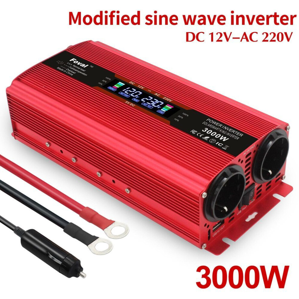 (red, 12V 220V EU Socket) 3000 Watts (peak) 12v To 230v 1500 Watt Rated Power Inverter 5v 2.4a Usb Suitable For Trucks, Camping, And Home Off-grid Solar Systems.