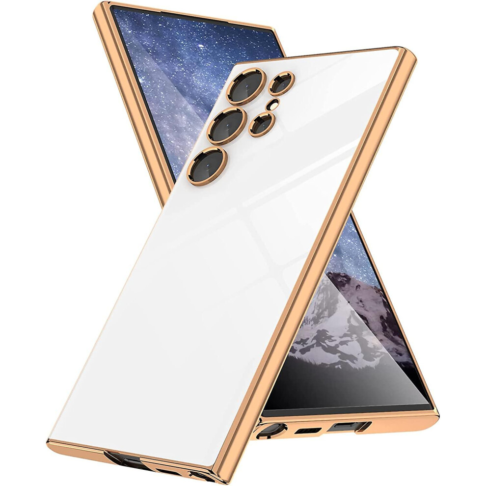 (White) Designed For Samsung Galaxy S23 Ultra Case, Luxury Gold Plating Cover Raised Edge Bumper Silicone Shockproof Phone Case, Full Drop Protection White,Gold 8795863665979