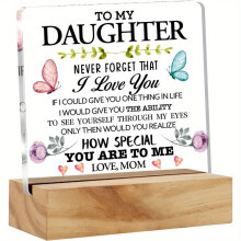 (Variant1) Beautiful Floral Acrylic Desk Plaque Sign with Wooden Stand - Heartwarming Daughter Gift from Mom - Never Forget That I Love You