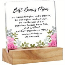 (Acrylic, 1pc) 1PC Acrylic Bonus Mom Desk Plaque with Wooden Stand - Best Bonus Mom Appreciation Keepsake, Uncharged Floral Step Mom Gift, Home Office Decor Sign