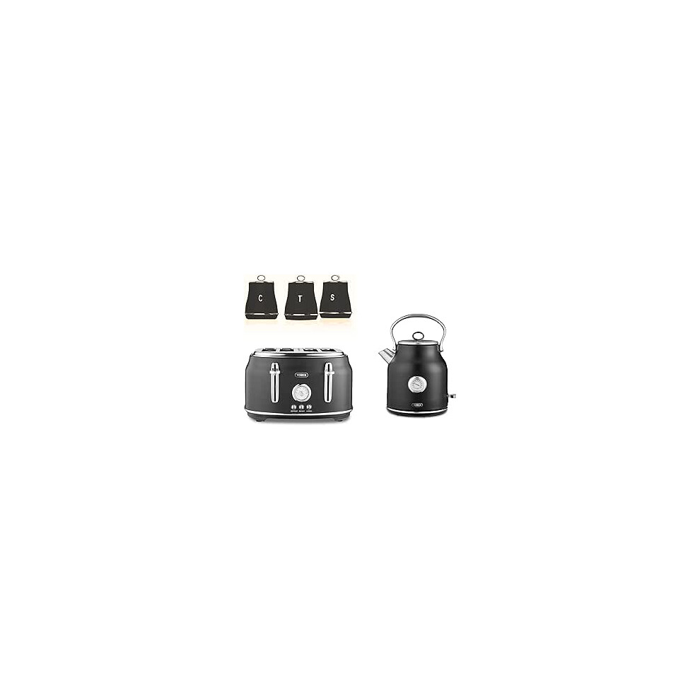 Tower Renaissance Kettle, 4 Slice Toaster Canisters Kitchen Set Black