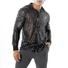 (black, 2XL) Men's Shiny Sequined Mesh Top, 60s 70s Disco Dance Shirt