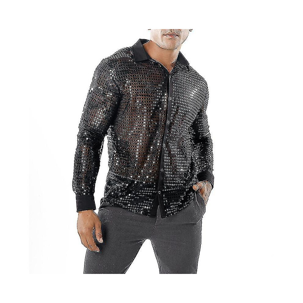 (black, 2XL) Men's Shiny Sequined Mesh Top, 60s 70s Disco Dance Shirt