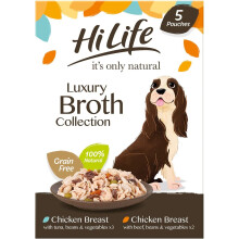 HILIFE it's only natural Wet Dog Food The Luxury Broth Collection Chicken Breast Beef Tuna Beans Vegetables 100% Natural Grain Free 15 Pouches x 100g