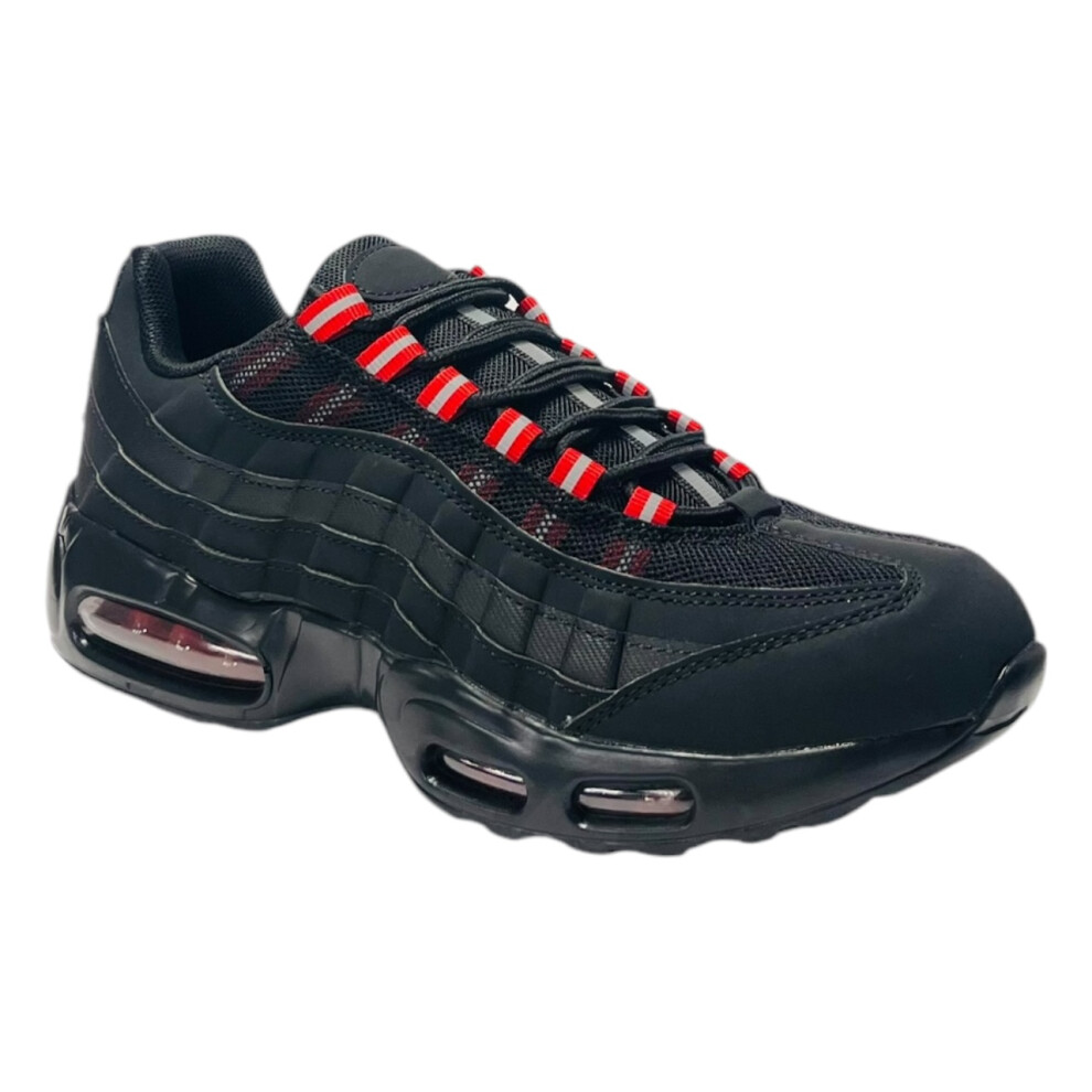 (UK 8 / EU 42 / US 9, Black / Red) Men's Air Cushioned Sports Lace Up Trainers