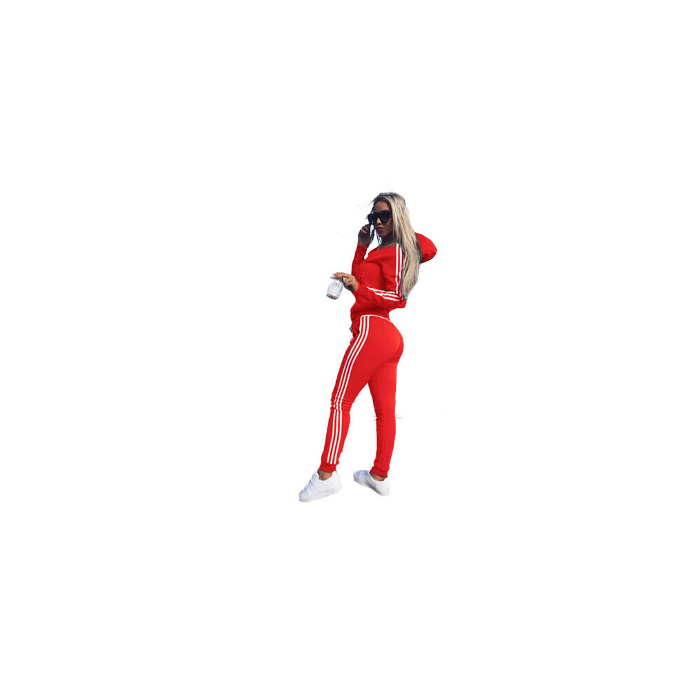 (Red, 16) Womens 2 Pcs Athleisure Sports Wear Tracksuit Hoodie & Pants Set Han Outdoors