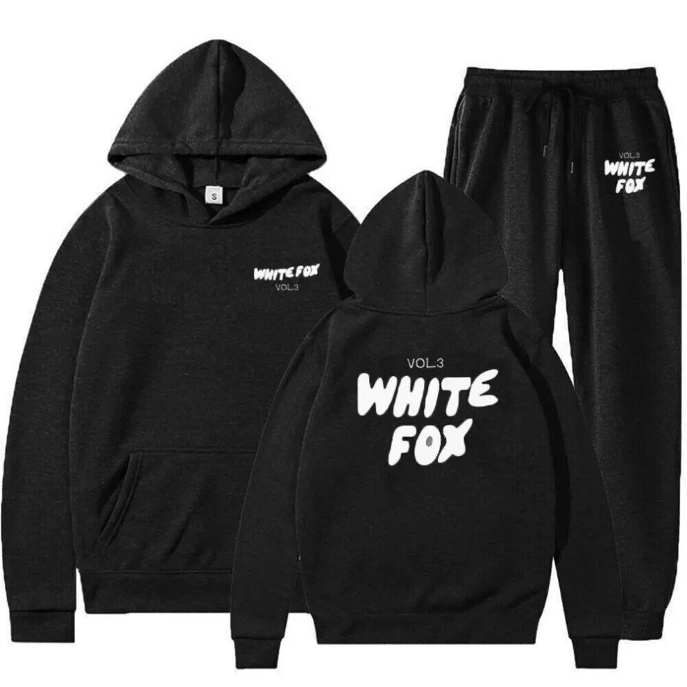 (Black, 2XL) White Fox 2Pcs Boutique Hoodie Tracksuit Set Hooded Sweatshirt Pullover Fleece
