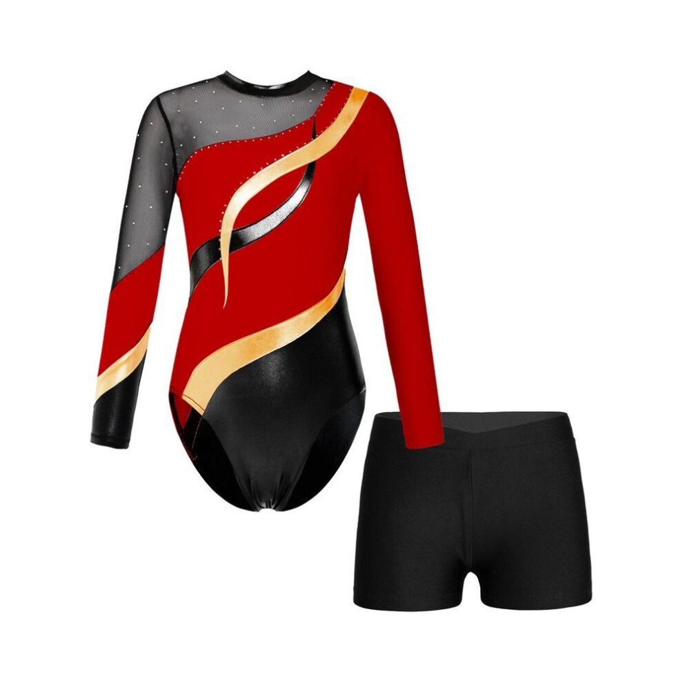 (red, 11-12 Years) Kids Girls Long Sleeve Shiny Rhinestones Decorated Cutout Back Patchwork Leotard With V-front Waistband Shorts For Dance Gymnastics Performance