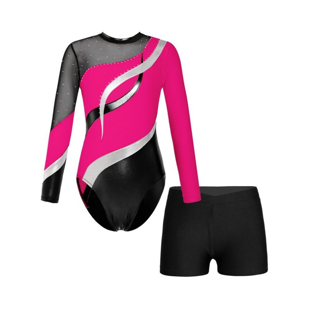 (hot pink, 13-14 Years) Kids Girls Long Sleeve Shiny Rhinestones Decorated Cutout Back Patchwork Leotard With V-front Waistband Shorts For Dance Gymnastics Performance