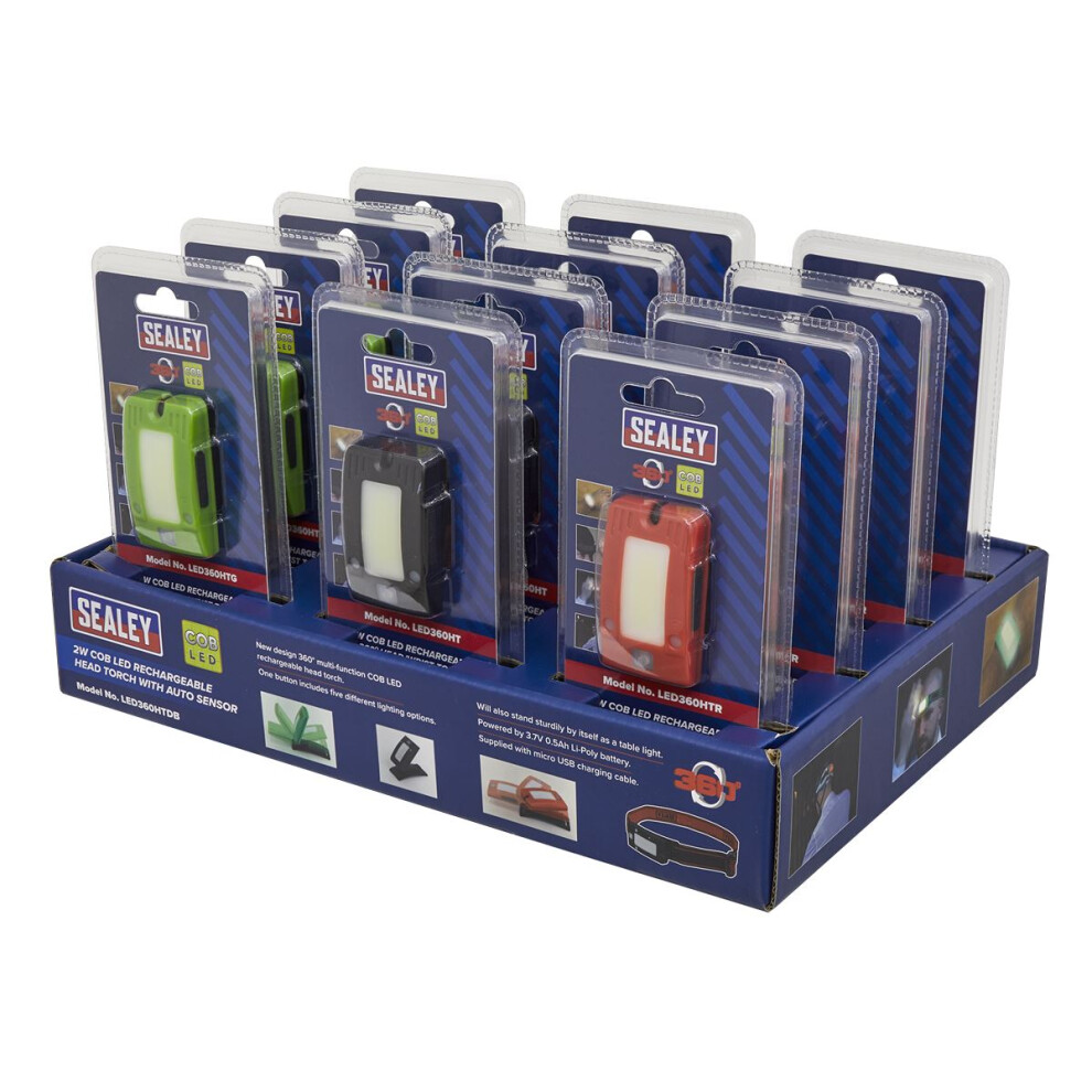 Sealey Rechargeable Head Torch with Auto-Sensor 2W COB LED - Display Box of 12 LED360HTDB-image-OPC-PFWGWQB-NEW