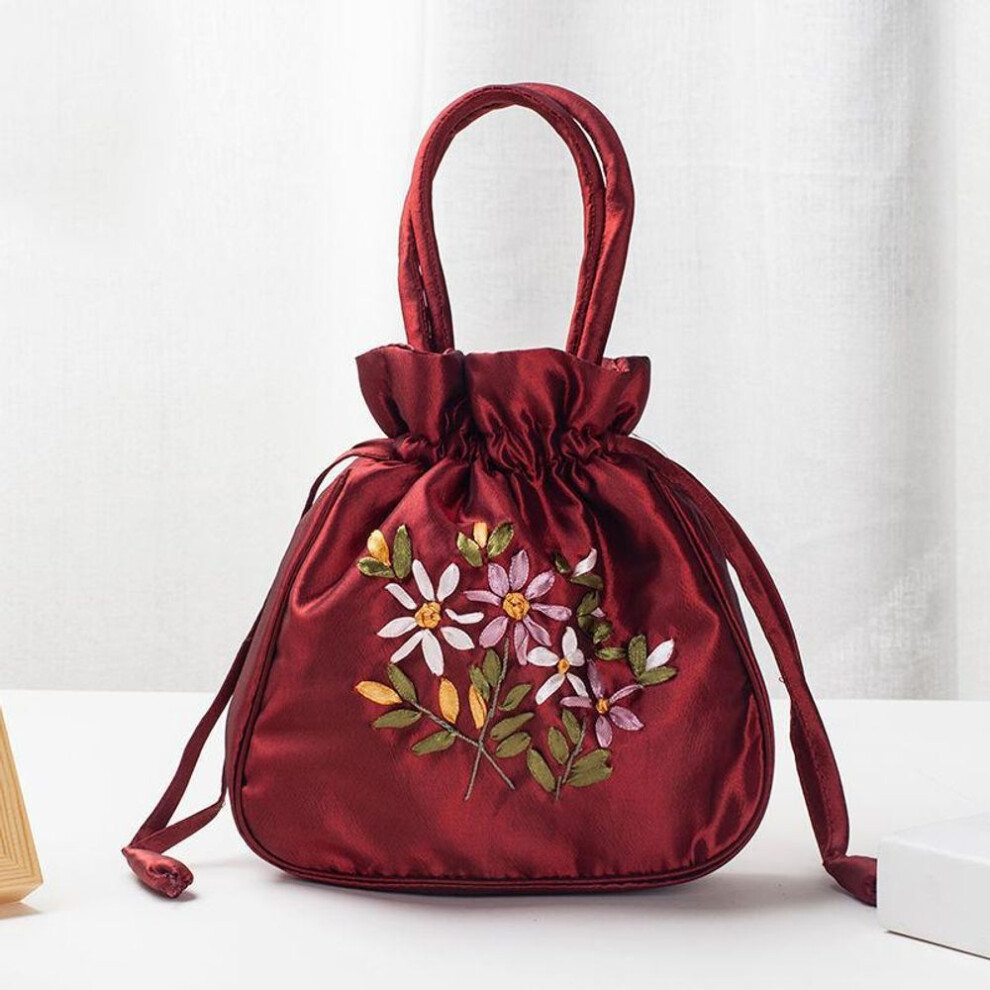 (wine red, 19x6x19cm) Yogodlns Retro Embroidery Drawstrings Handbags Storage Bags Women Purse Wallets Card Holder Bucket Shoulder Bag Wrist Bags
