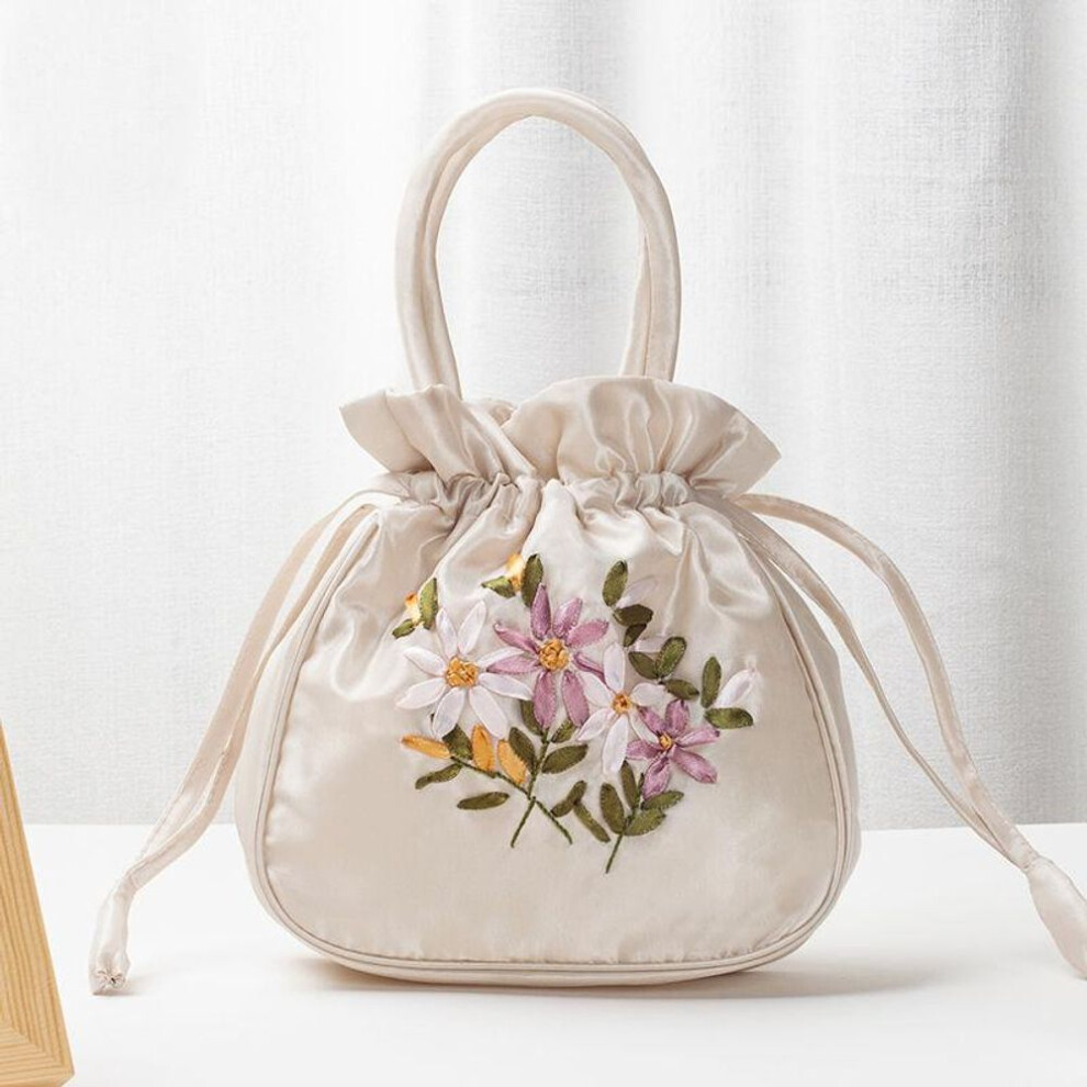 (beige, 19x6x19cm) Yogodlns Retro Embroidery Drawstrings Handbags Storage Bags Women Purse Wallets Card Holder Bucket Shoulder Bag Wrist Bags