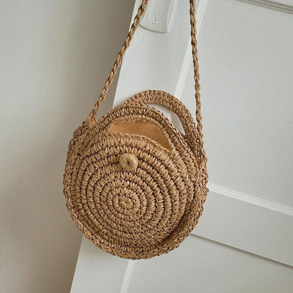 (light brown, 25*5*25cm) Casual Straw Shoulder Bags Small Round Crossbody Purse Beach Travel Handbags Tote