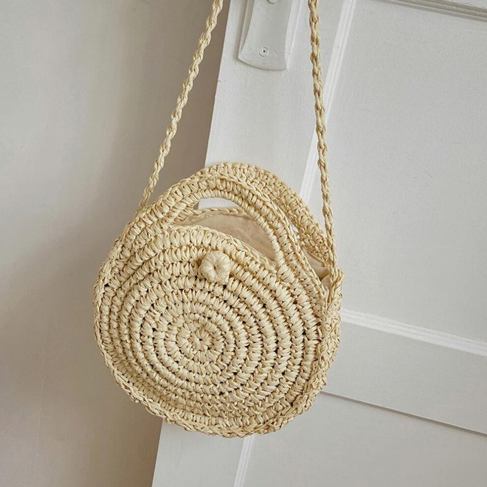 (beige, 25*5*25cm) Casual Straw Shoulder Bags Small Round Crossbody Purse Beach Travel Handbags Tote