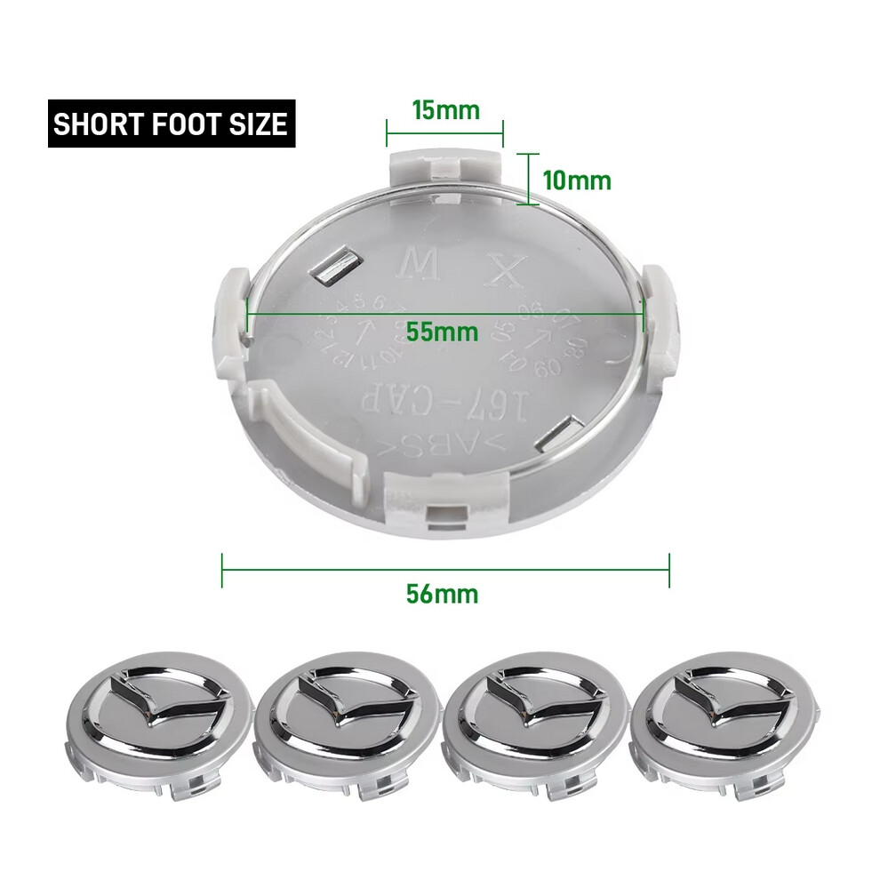 ( -Short Feet) 4Pcs 56Mm Abs Car Wheel Center Hub Center Cap Car Wheel Cap Cover For Mazda 3 Axela 6 Gh Atenza Cx5 2 Demio Cx8 Cx4 Rx8 Rx7 Ms Silver 6921137128648