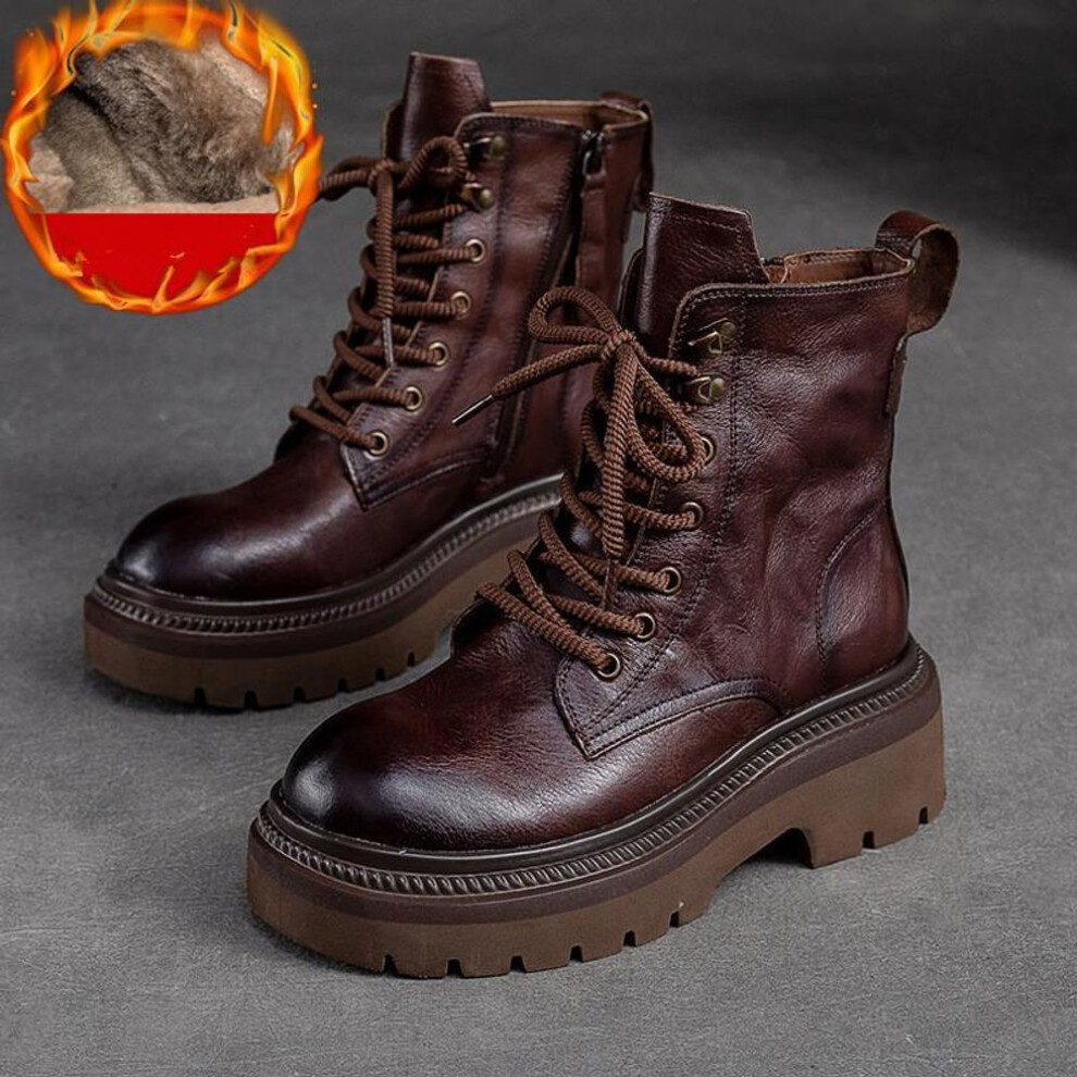 (coffee, 39-Plush) Johnature Thick Sole Vintage Boots Side Zipper Genuine Leather Short Boots Fashion Versatile Women Shoes