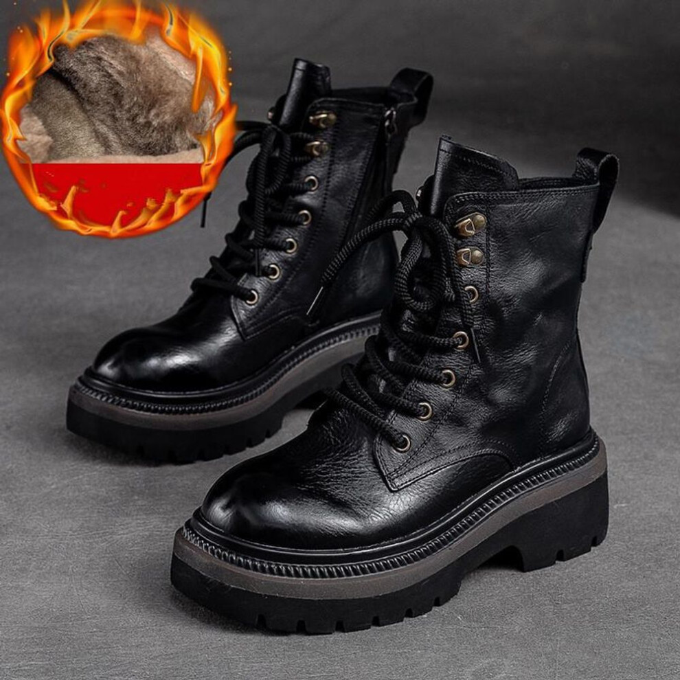(black, 38-Plush) Johnature Thick Sole Vintage Boots Side Zipper Genuine Leather Short Boots Fashion Versatile Women Shoes