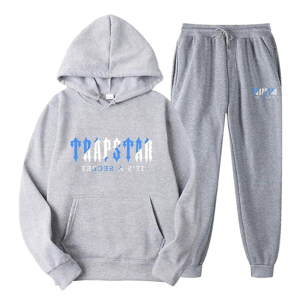 (Gray, M) Jogging Suit For Men And Women, Tracksuit With Trapstar Print, Unisex Sports Suit Set, 2 Piece Hoodie, Sports Trousers, Hoodie, Jogging Bottoms, Hoody