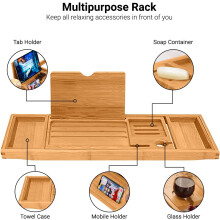 ADOV Bath Tray, Extendable Luxury Bamboo Wooden Bathtub Caddy with Integrated Holder for Book, Phone, Tablet, Candle, Soap, Towel, Wine Glass