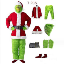 (7PCS full set of clothes, ONE SIZE) The Grinch Costume Christmas Cosplay Adult Santa Costume Outfits Set Mask Bt