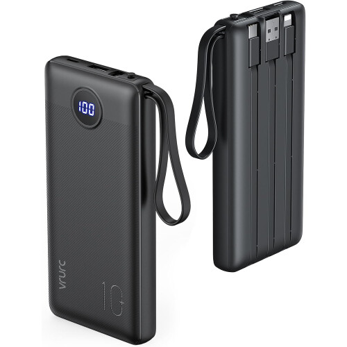 VRURC 10000mAh Power Bank With Built in Cables,USB C Battery Pack Portable Charger with 5 Outputs 2 Inputs Powerbank LED Display compatible