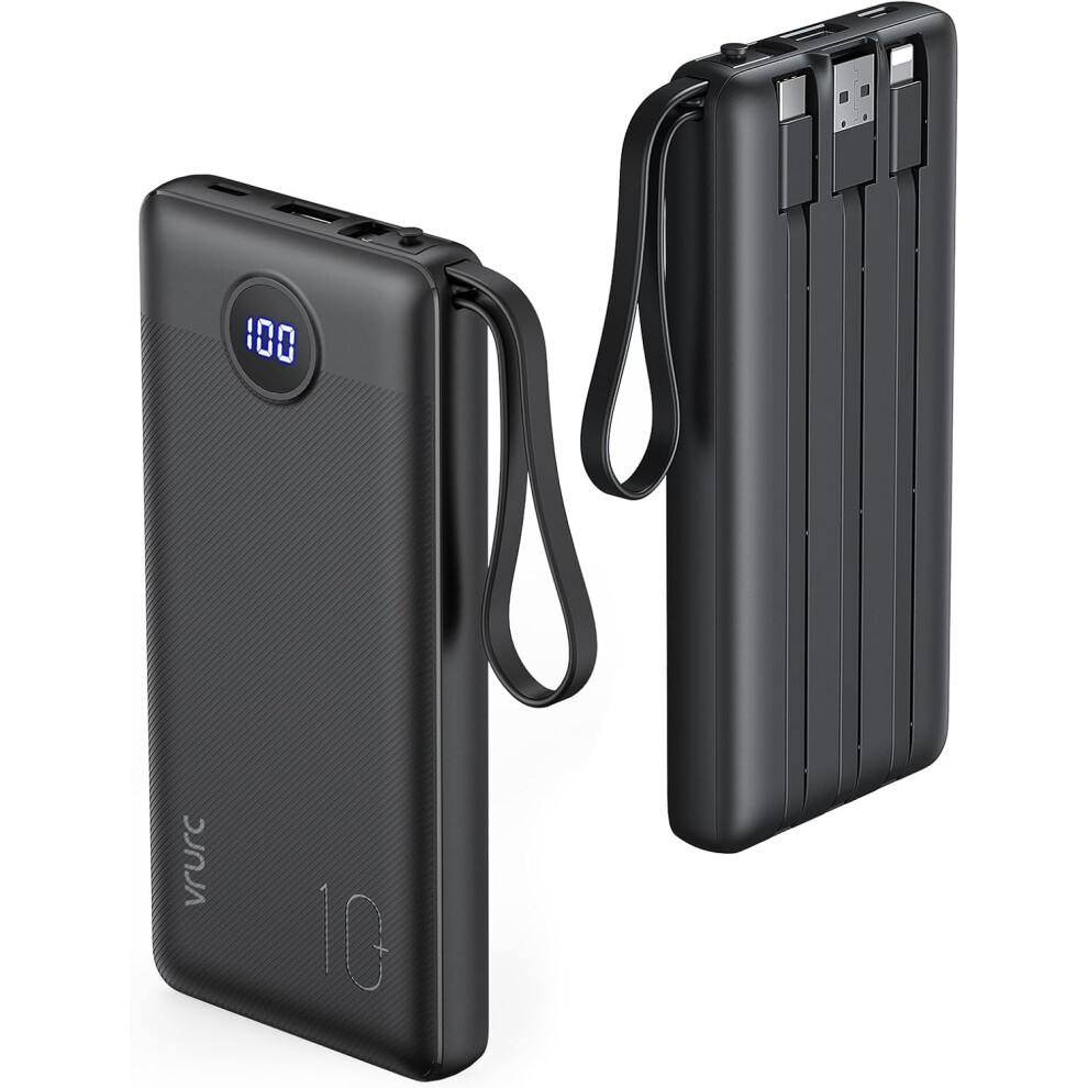 Vrurc 10000Mah Power Bank With Built In Cables,Usb C Battery Pack Portable Charger With 5 Outputs 2 Inputs Powerbank Led Display Compatible 8000000004185