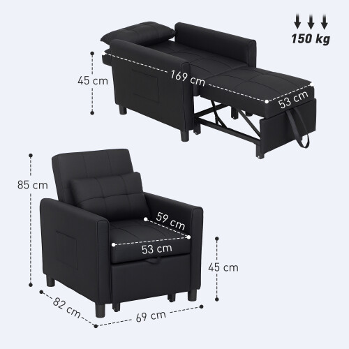 Homcom HOMCOM Folding Chair Bed, Sleeper Chair with Pillow, Side Pockets, Black 1