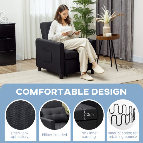 Homcom HOMCOM Folding Chair Bed, Sleeper Chair with Pillow, Side Pockets, Black 2