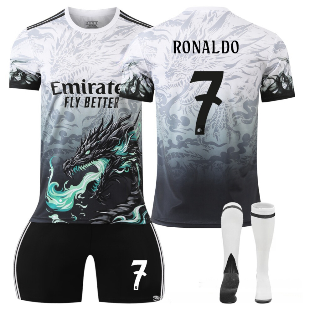 (#7 Ronaldo, 18(100-110CM)) 24/25 Cyan Dragon Pattern Activewear Football Fans Training Shirt Kits For Kids And Adult