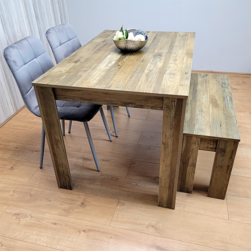 4 Rustic Effect Dining Table With 2 Grey Velvet Chairs and 1 Bench