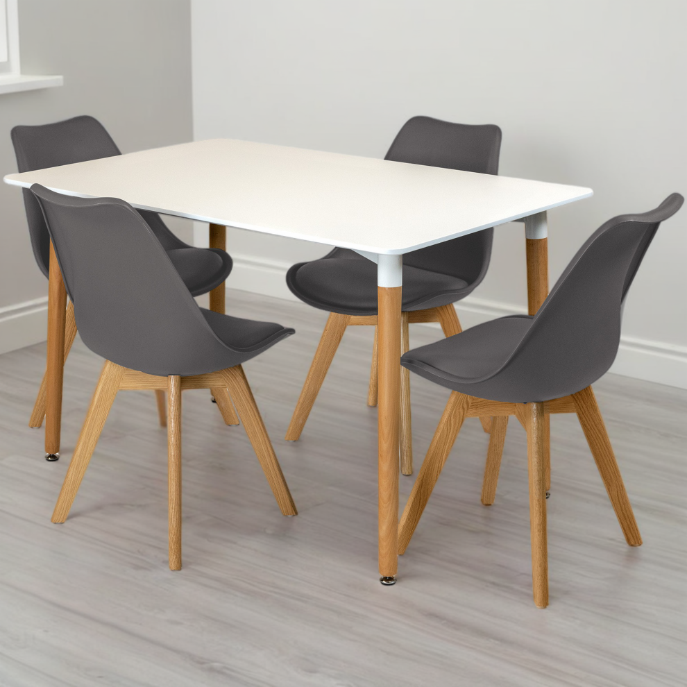 (Grey) Charles Jacobs Rectangular Dining Table Set Four 4 Dinner Kitchen Chairs White Solid Beech Wood