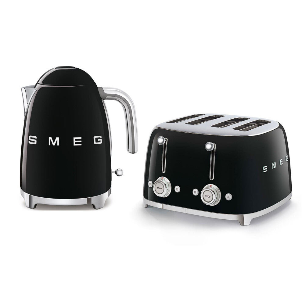 Smeg 50's Style Retro Range Breakfast Set, 1.7L 3000W Kettle & Multi-Functional Control 4-Slice 2000W Toaster, Black, KLF03BLUK/ TSF03BLUK
