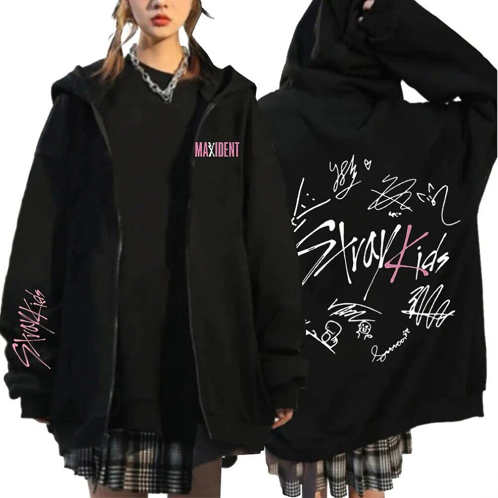 (S) Korean Fashion Stray Kids Maxident Skzoo Zipper Hoodie Men Women's Harajuku Zip Up Coat Hoodies Clothes Hooded Sweatshirts Kpop Black