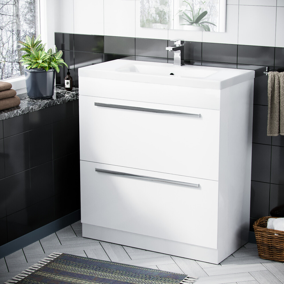 Nes Home 800mm  White 2 Drawers Basin Vanity Unit