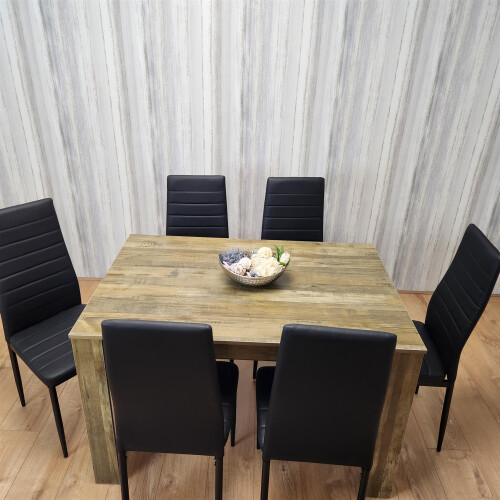 Dining Table with 6 Black Leather Chairs Rustic Wood Table for Dining Room 1
