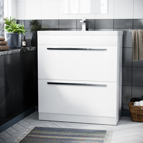 NES Home 800 mm Cloakroom White Basin 2 Drawer Vanity Cabinet 1